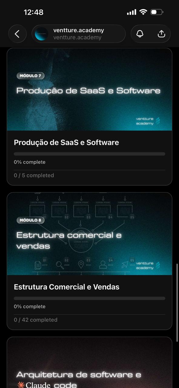 área de membros da ventture academy no celular, com os módulos do curso